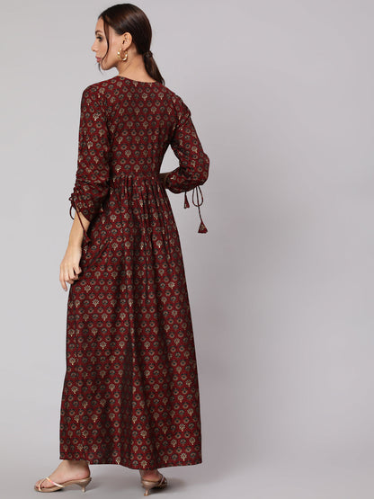 Women Maroon Ethnic Printed Gathered Dress With Three Quarter Sleeves | LASVINI - Redefining Indian Fashion with Elegance