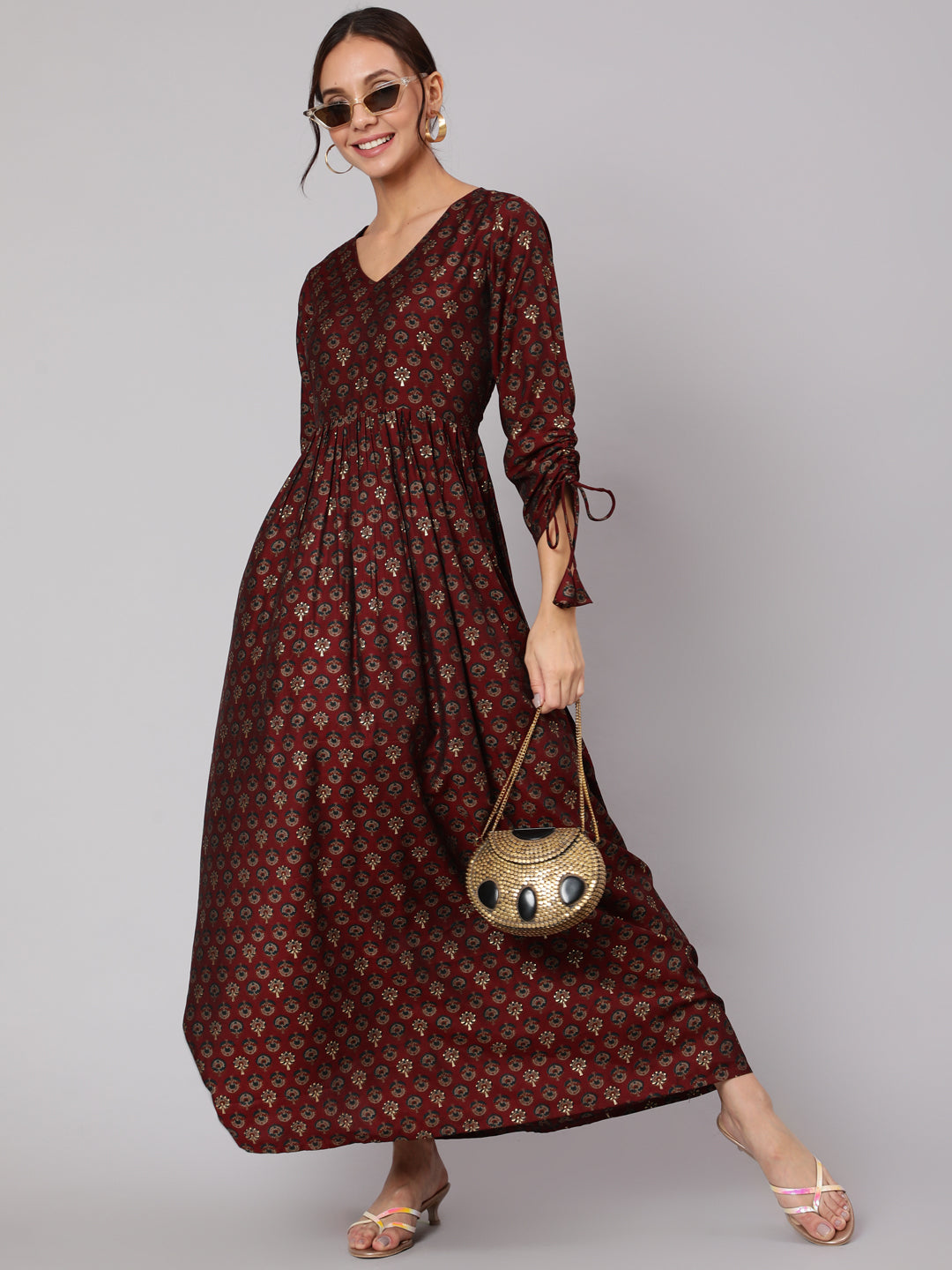 Women Maroon Ethnic Printed Gathered Dress With Three Quarter Sleeves | LASVINI - Redefining Indian Fashion with Elegance