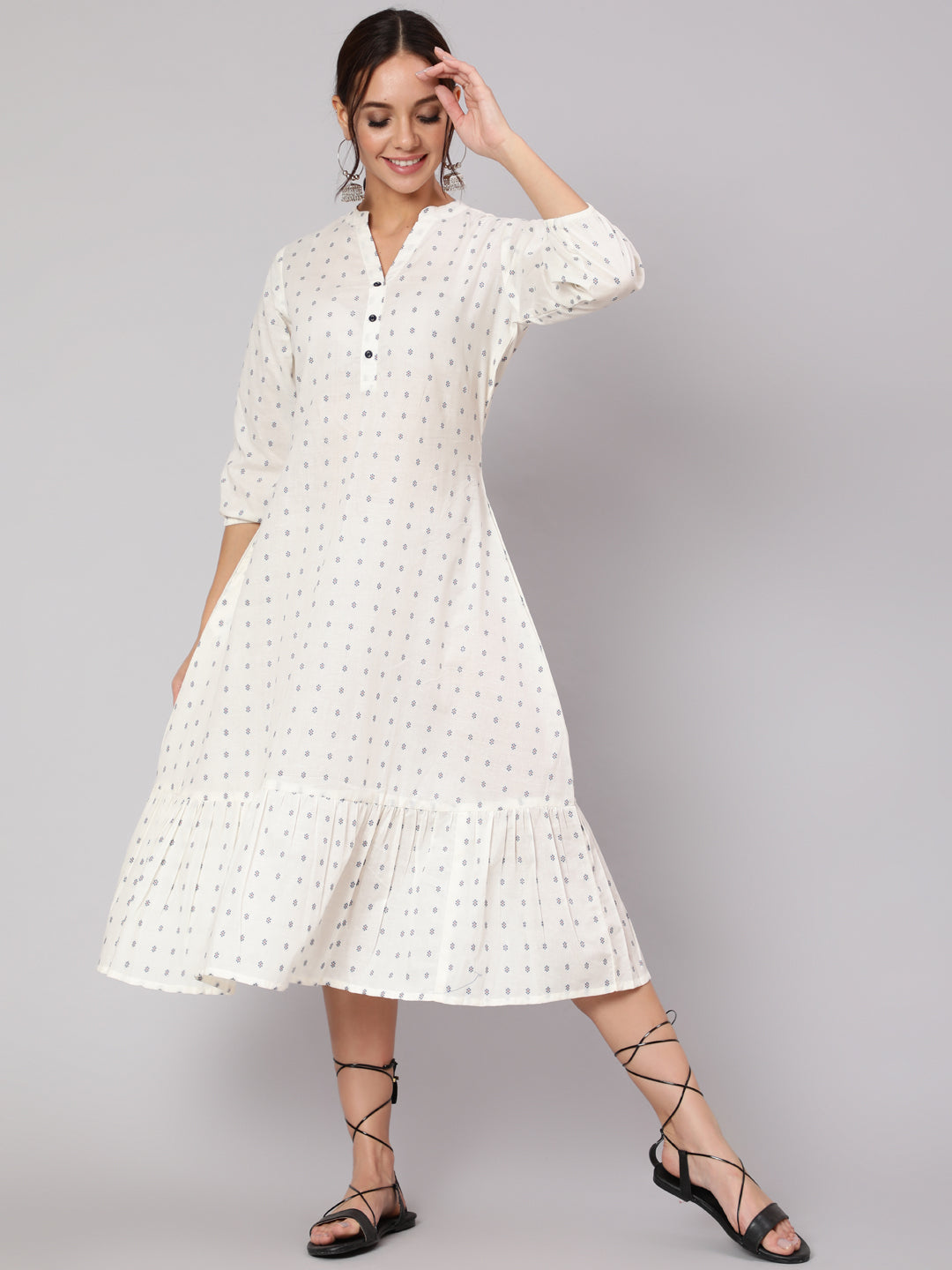 Women White Ethnic Printed Midi Dress With Three Quarter Sleeves | LASVINI - Redefining Indian Fashion with Elegance
