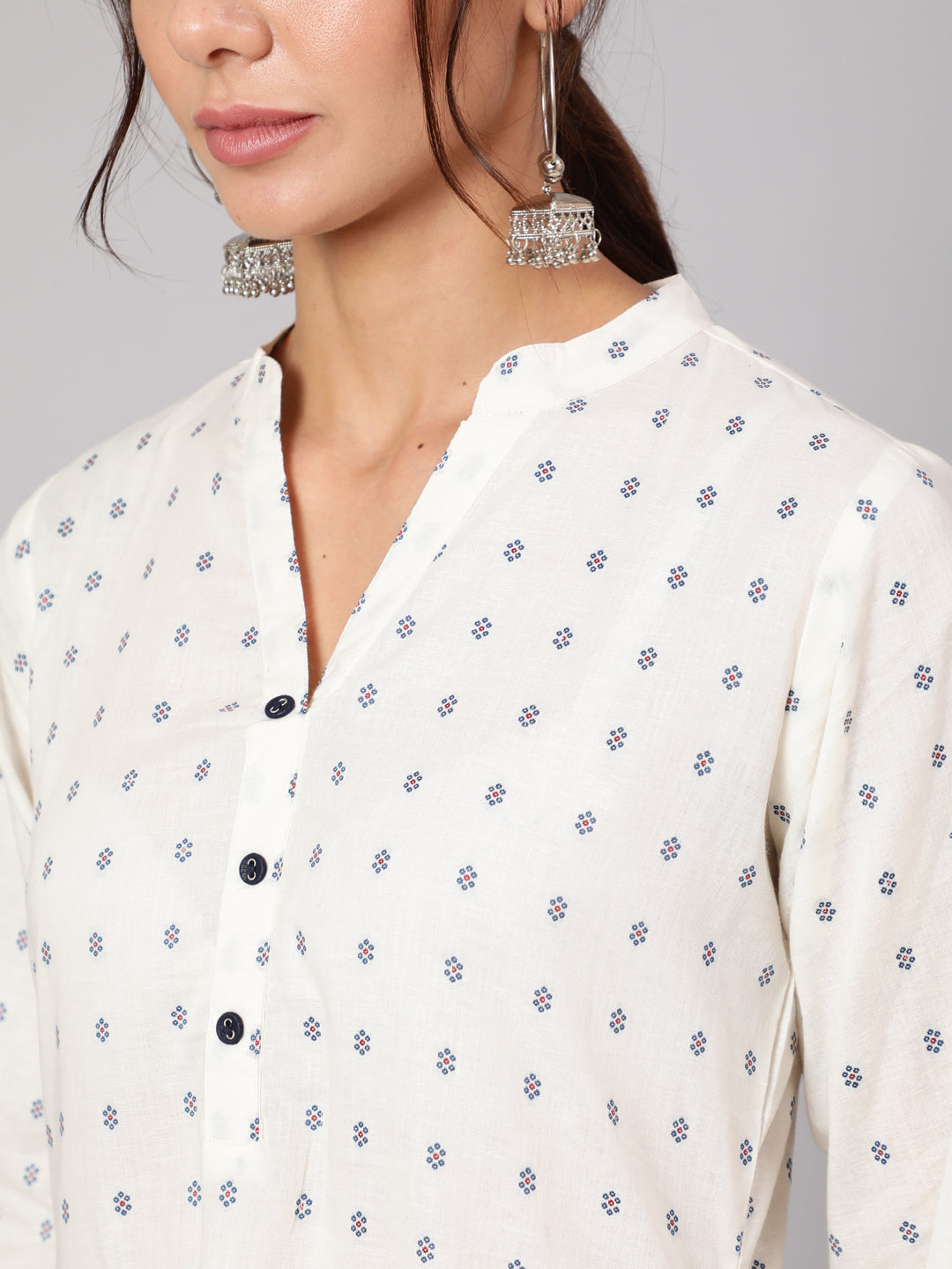 Women White Ethnic Printed Midi Dress With Three Quarter Sleeves | LASVINI - Redefining Indian Fashion with Elegance