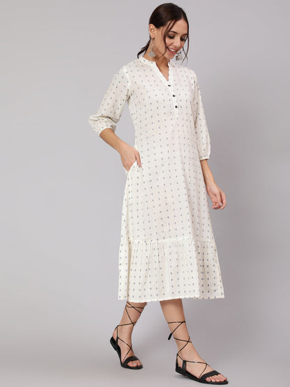Women White Ethnic Printed Midi Dress With Three Quarter Sleeves | LASVINI - Redefining Indian Fashion with Elegance