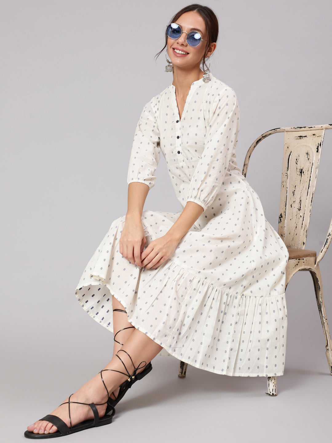 Women White Ethnic Printed Midi Dress With Three Quarter Sleeves | LASVINI - Redefining Indian Fashion with Elegance