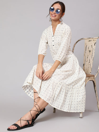 Women White Ethnic Printed Midi Dress With Three Quarter Sleeves | LASVINI - Redefining Indian Fashion with Elegance