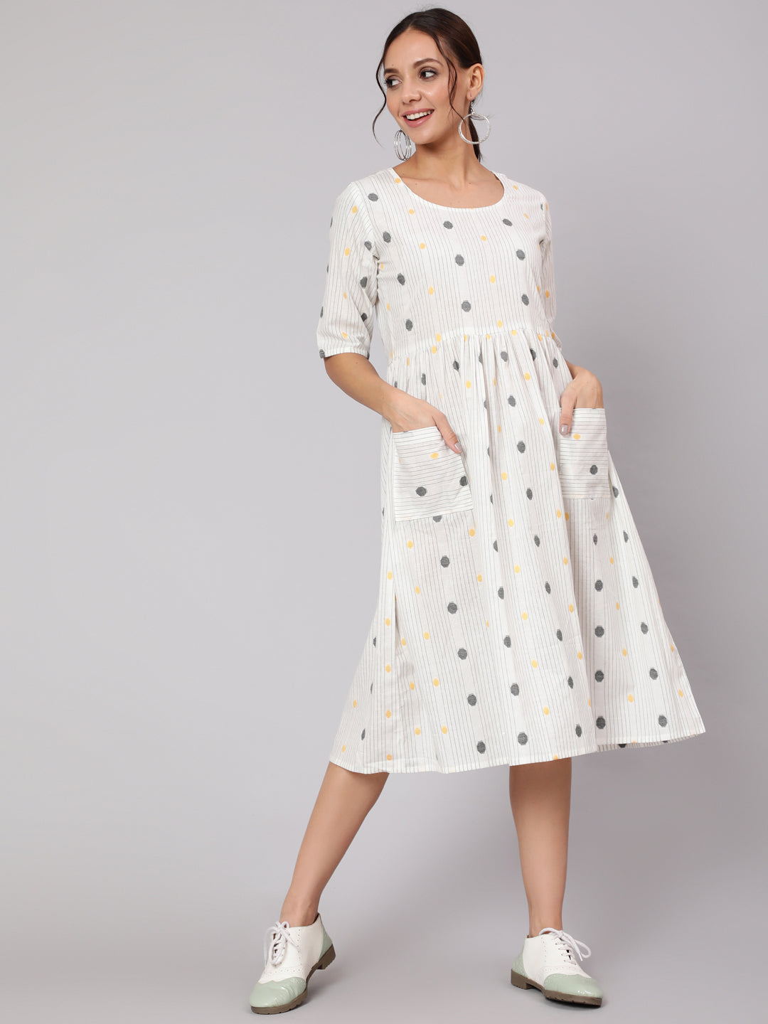 Women White Geometric Printed A- Line Dress | LASVINI - Redefining Indian Fashion with Elegance