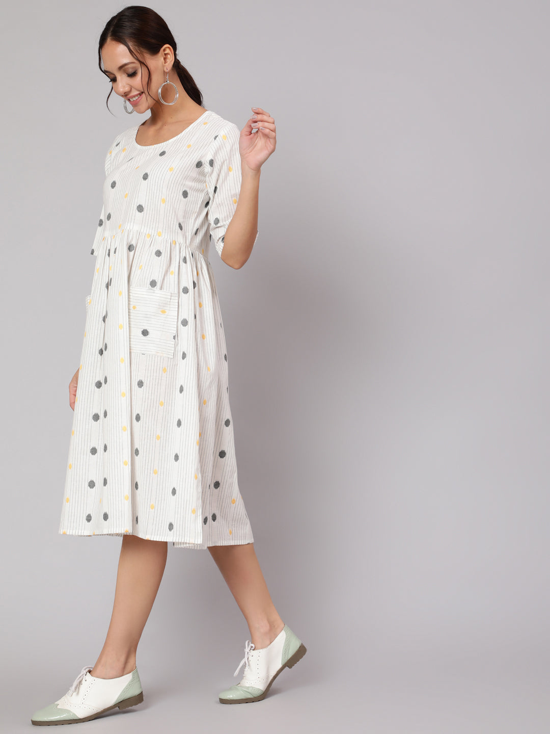 Women White Geometric Printed A- Line Dress | LASVINI - Redefining Indian Fashion with Elegance