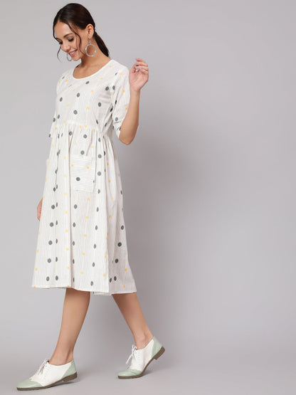 Women White Geometric Printed A- Line Dress | LASVINI - Redefining Indian Fashion with Elegance