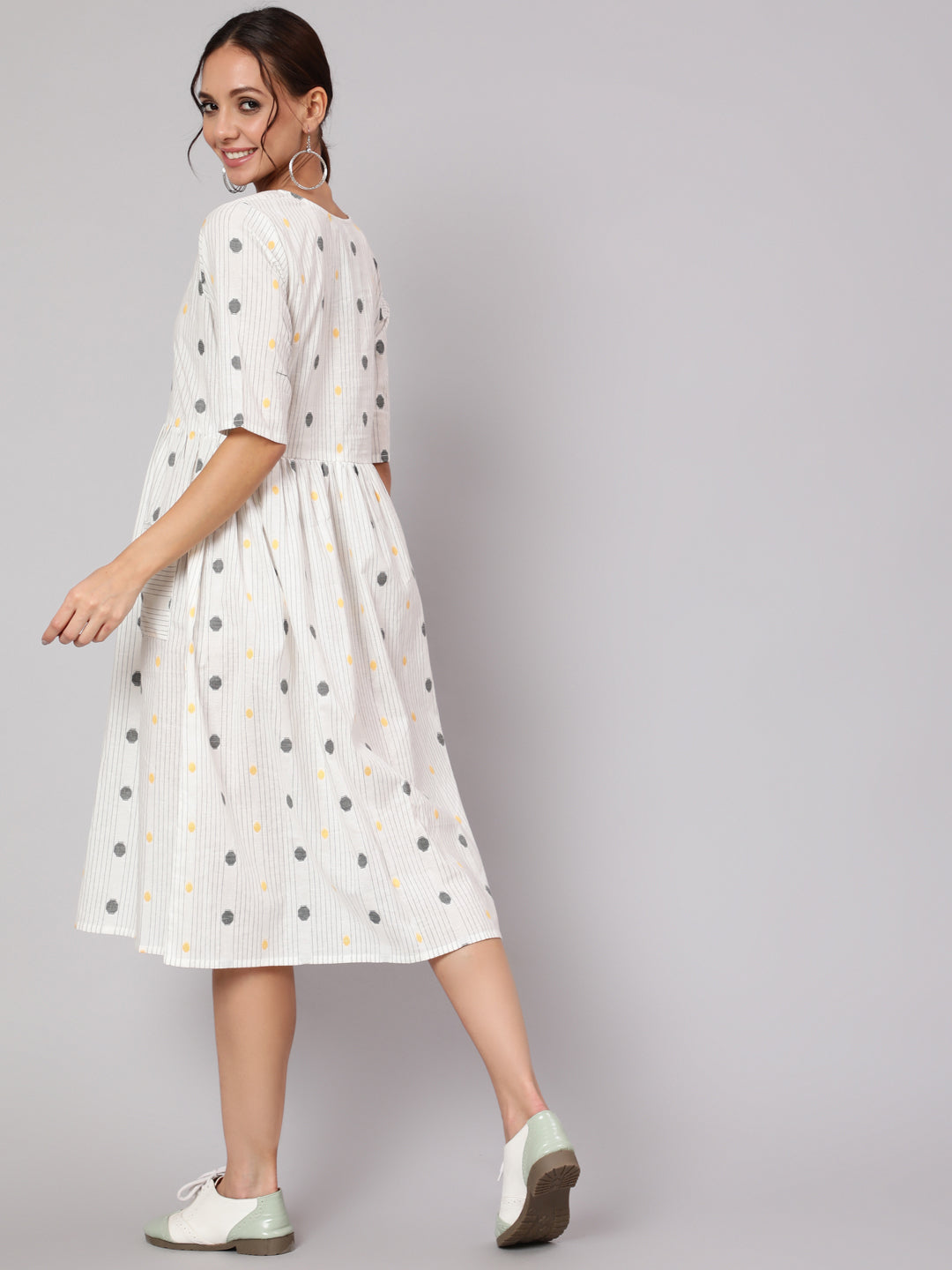 Women White Geometric Printed A- Line Dress | LASVINI - Redefining Indian Fashion with Elegance