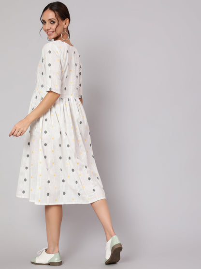 Women White Geometric Printed A- Line Dress | LASVINI - Redefining Indian Fashion with Elegance