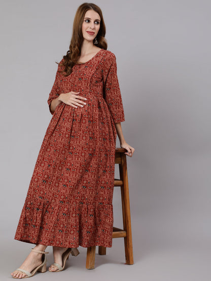 Women Rust Ethnic Printed Maternity Dress With Three Quarter Sleeves | LASVINI - Redefining Indian Fashion with Elegance