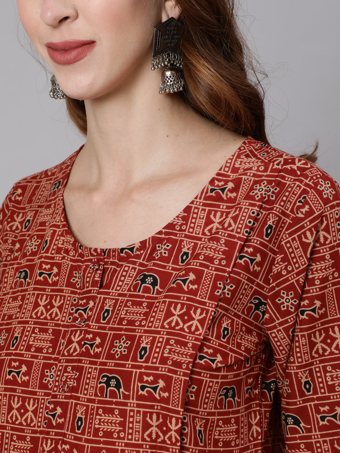 Women Rust Ethnic Printed Maternity Dress With Three Quarter Sleeves | LASVINI - Redefining Indian Fashion with Elegance