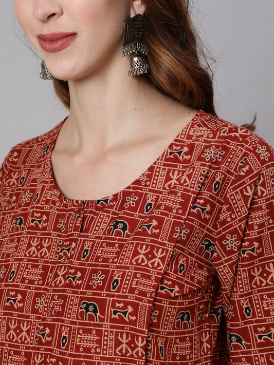 Women Rust Ethnic Printed Maternity Dress With Three Quarter Sleeves | LASVINI - Redefining Indian Fashion with Elegance