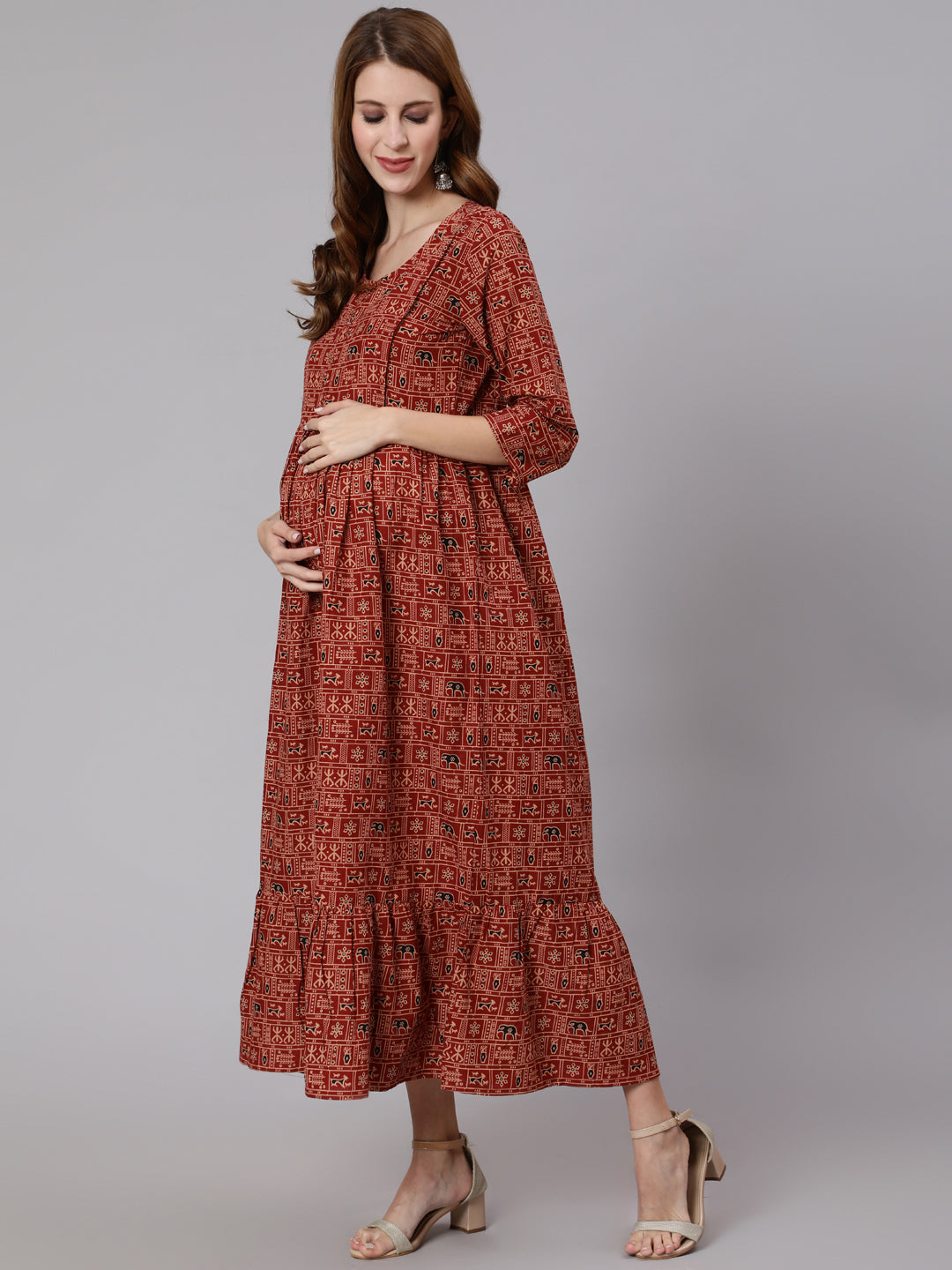 Women Rust Ethnic Printed Maternity Dress With Three Quarter Sleeves | LASVINI - Redefining Indian Fashion with Elegance