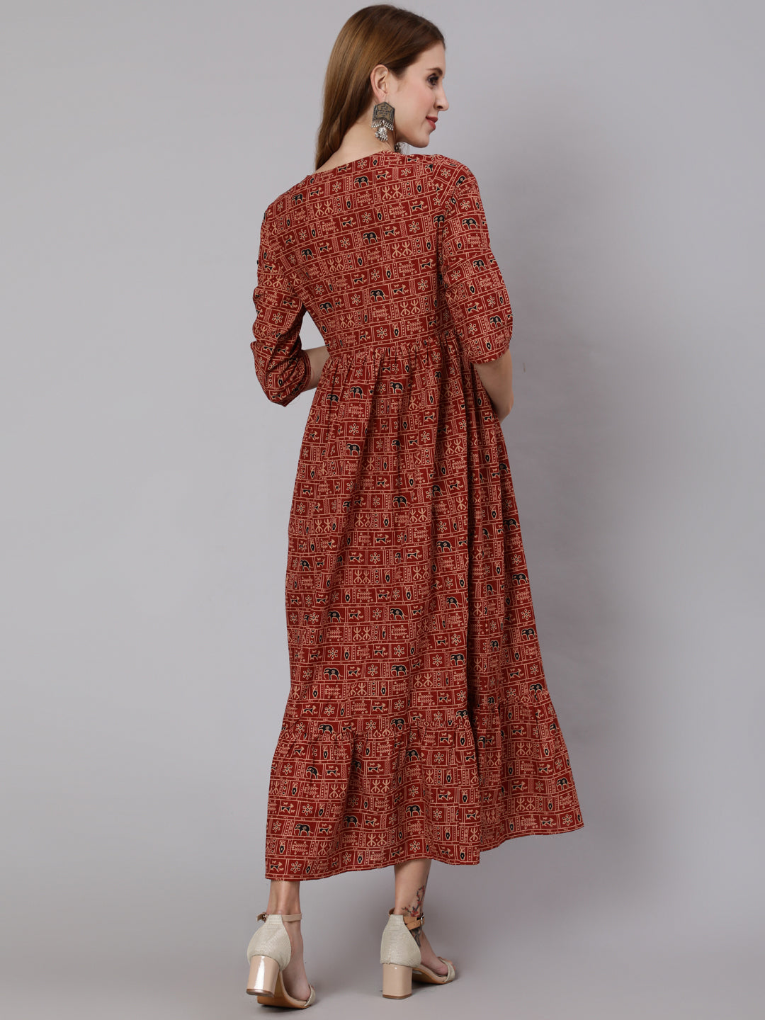 Women Rust Ethnic Printed Maternity Dress With Three Quarter Sleeves | LASVINI - Redefining Indian Fashion with Elegance