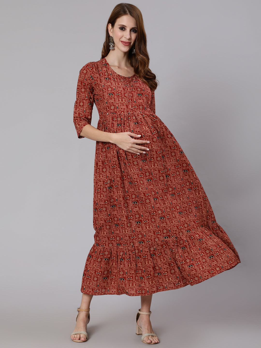 Women Rust Ethnic Printed Maternity Dress With Three Quarter Sleeves | LASVINI - Redefining Indian Fashion with Elegance