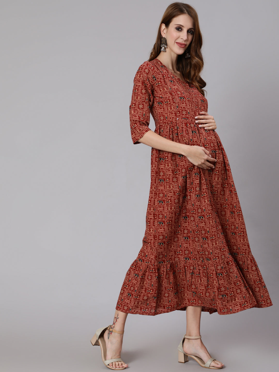 Women Rust Ethnic Printed Maternity Dress With Three Quarter Sleeves | LASVINI - Redefining Indian Fashion with Elegance