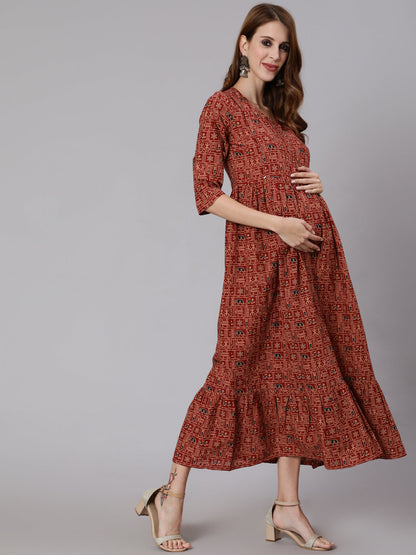 Women Rust Ethnic Printed Maternity Dress With Three Quarter Sleeves | LASVINI - Redefining Indian Fashion with Elegance