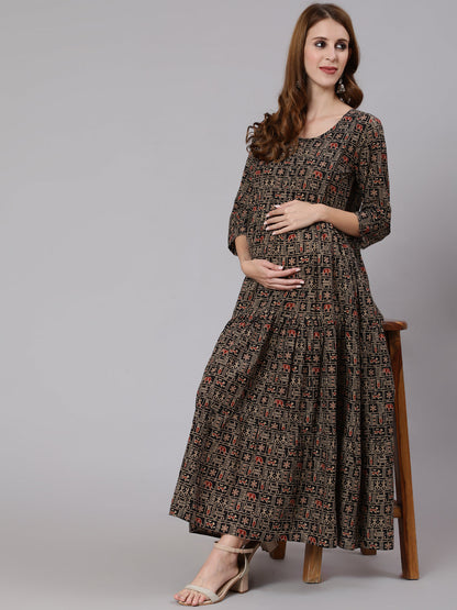 Women Black & Beige Ethnic Printed Maternity Dress With Three Quarter Sleeves | LASVINI - Redefining Indian Fashion with Elegance