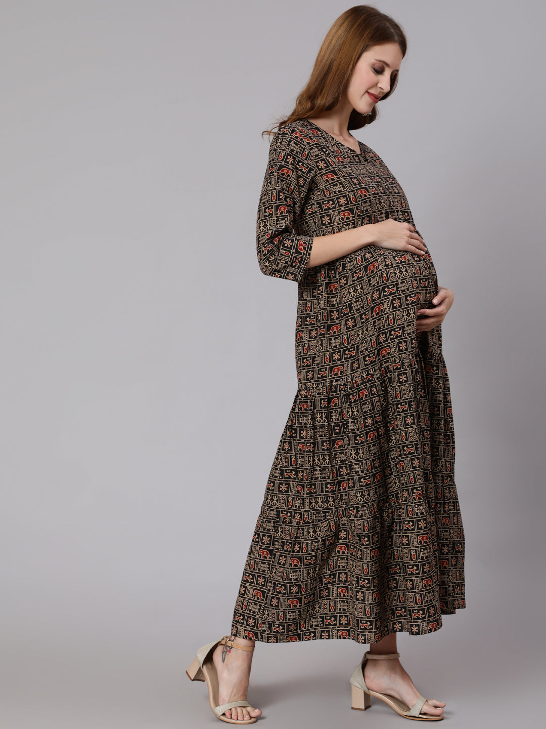 Women Black & Beige Ethnic Printed Maternity Dress With Three Quarter Sleeves | LASVINI - Redefining Indian Fashion with Elegance