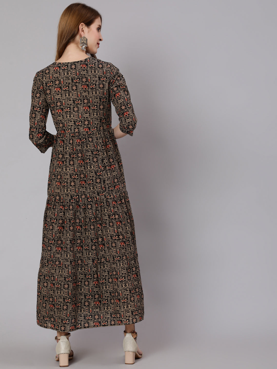 Women Black & Beige Ethnic Printed Maternity Dress With Three Quarter Sleeves | LASVINI - Redefining Indian Fashion with Elegance