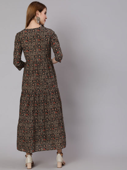 Women Black & Beige Ethnic Printed Maternity Dress With Three Quarter Sleeves | LASVINI - Redefining Indian Fashion with Elegance