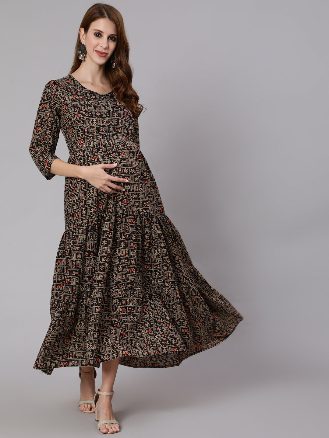 Women Black & Beige Ethnic Printed Maternity Dress With Three Quarter Sleeves | LASVINI - Redefining Indian Fashion with Elegance