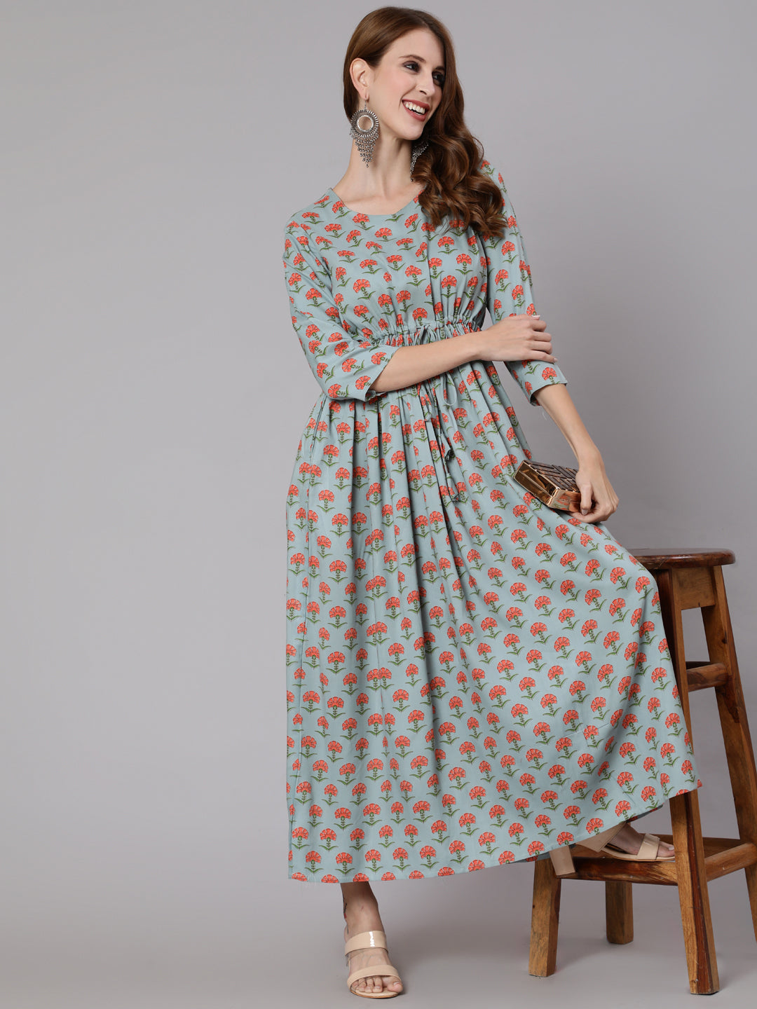 Women Sage Green Floral Printed Flared Dress With Three Quarter Sleeves | LASVINI - Redefining Indian Fashion with Elegance