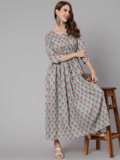Women Sage Green Floral Printed Flared Dress With Three Quarter Sleeves | LASVINI - Redefining Indian Fashion with Elegance