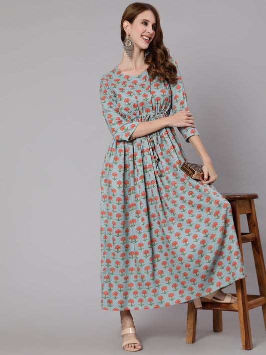 Women Sage Green Floral Printed Flared Dress With Three Quarter Sleeves | LASVINI - Redefining Indian Fashion with Elegance