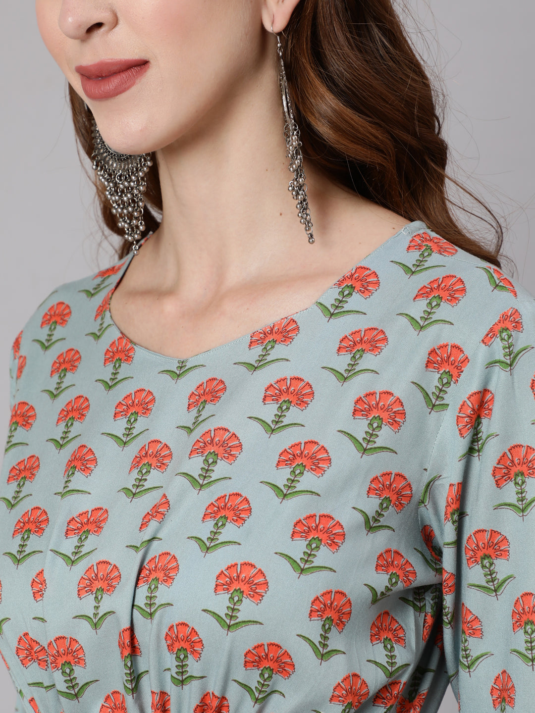 Women Sage Green Floral Printed Flared Dress With Three Quarter Sleeves | LASVINI - Redefining Indian Fashion with Elegance