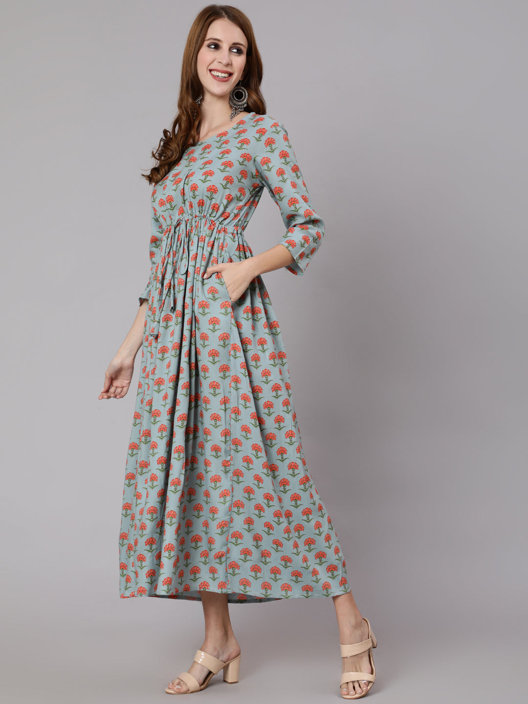 Women Sage Green Floral Printed Flared Dress With Three Quarter Sleeves | LASVINI - Redefining Indian Fashion with Elegance