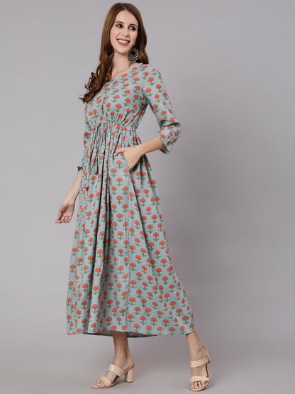 Women Sage Green Floral Printed Flared Dress With Three Quarter Sleeves | LASVINI - Redefining Indian Fashion with Elegance