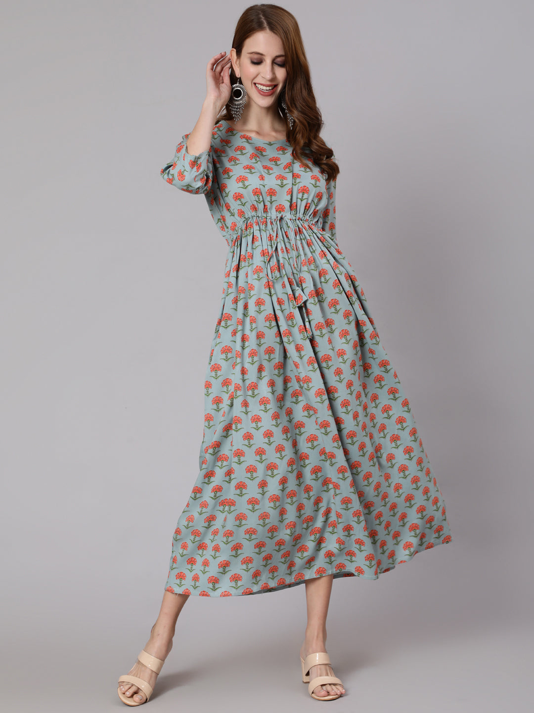 Women Sage Green Floral Printed Flared Dress With Three Quarter Sleeves | LASVINI - Redefining Indian Fashion with Elegance