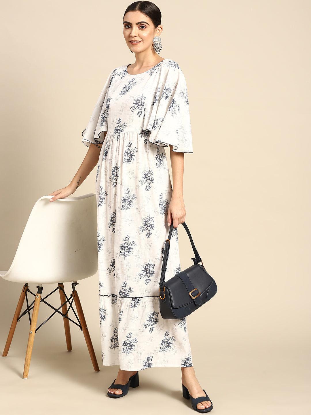 Women Off White Floral Printed Dress With Pockets | LASVINI - Redefining Indian Fashion with Elegance