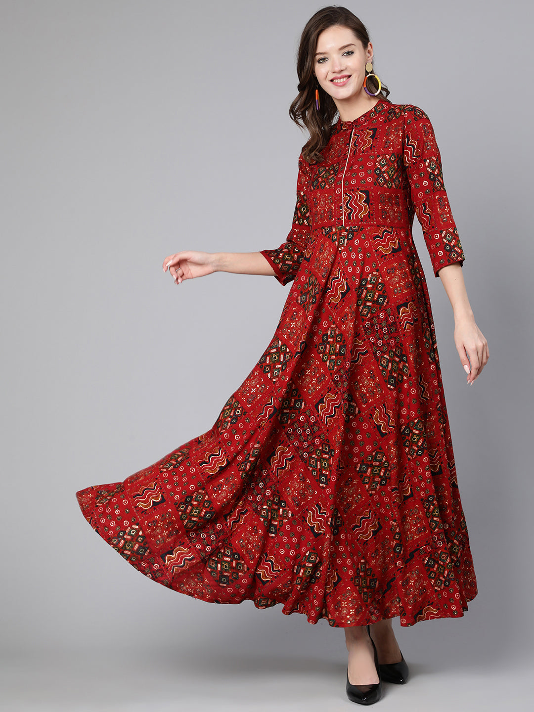 Women Red Printed Ethnic Flared Dress With Three Quarter Sleeves | LASVINI - Redefining Indian Fashion with Elegance