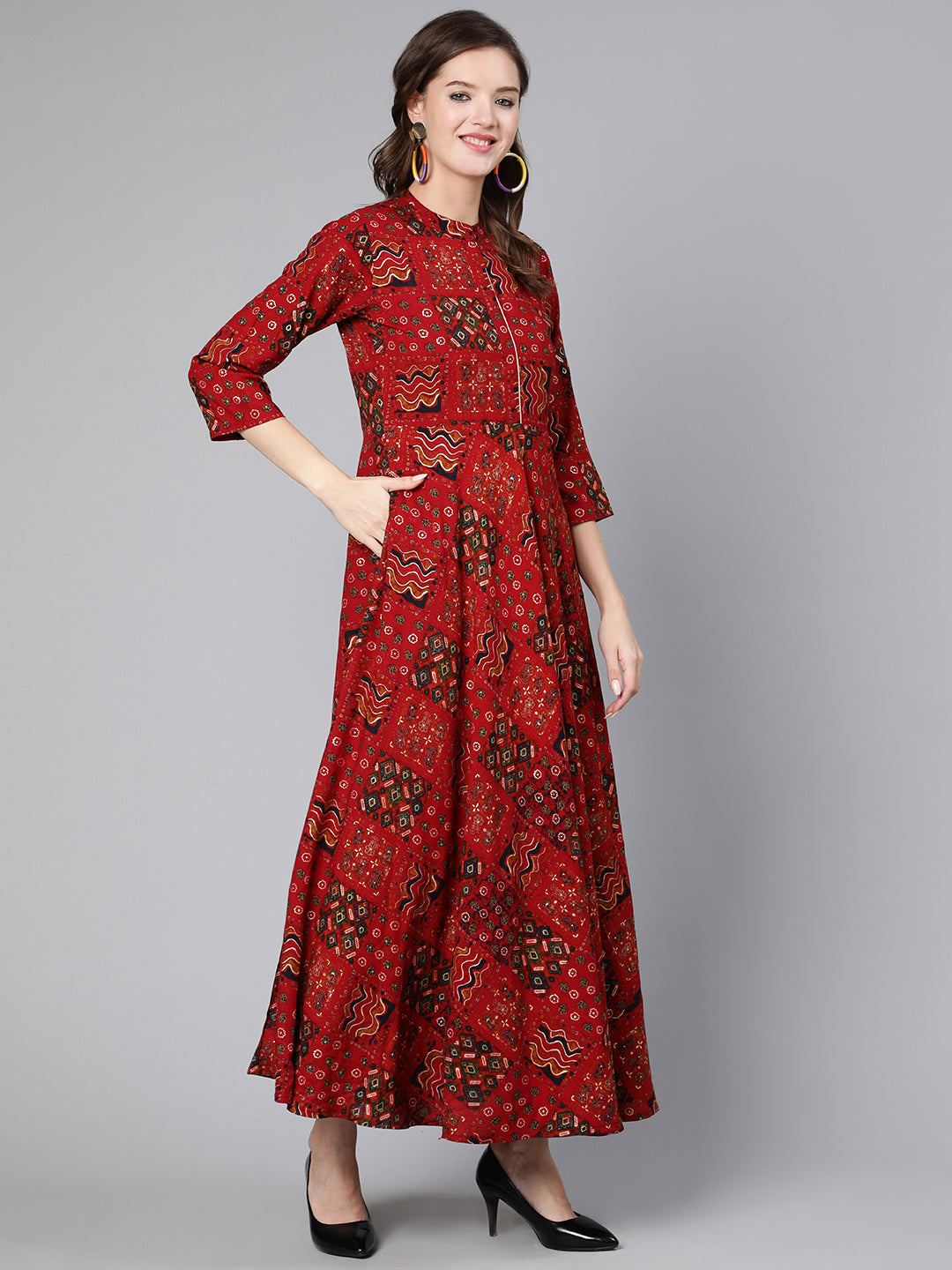 Women Red Printed Ethnic Flared Dress With Three Quarter Sleeves | LASVINI - Redefining Indian Fashion with Elegance