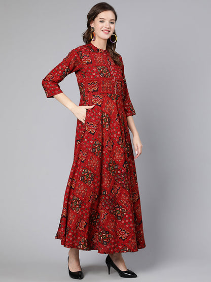 Women Red Printed Ethnic Flared Dress With Three Quarter Sleeves | LASVINI - Redefining Indian Fashion with Elegance