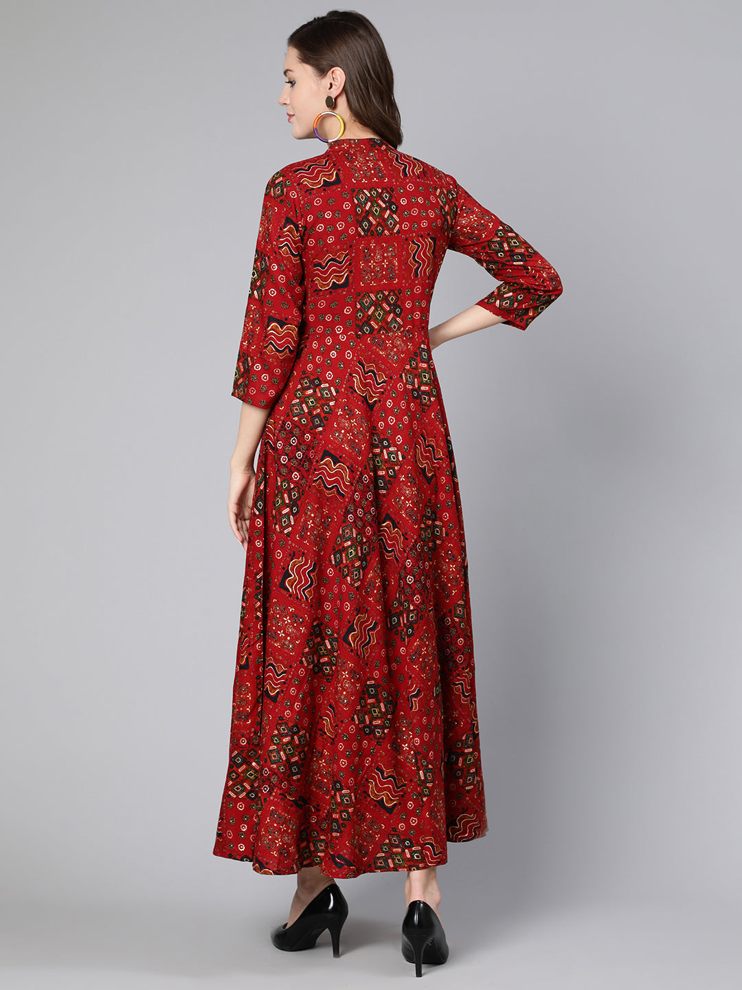 Women Red Printed Ethnic Flared Dress With Three Quarter Sleeves | LASVINI - Redefining Indian Fashion with Elegance