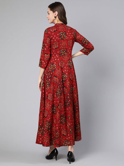 Women Red Printed Ethnic Flared Dress With Three Quarter Sleeves | LASVINI - Redefining Indian Fashion with Elegance