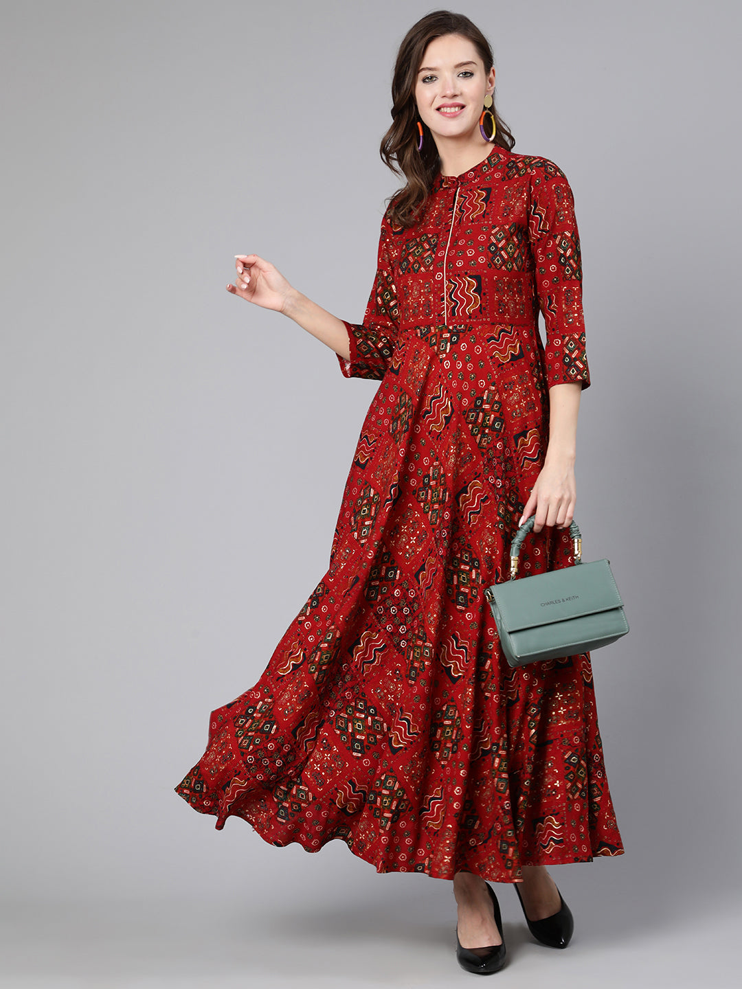 Women Red Printed Ethnic Flared Dress With Three Quarter Sleeves | LASVINI - Redefining Indian Fashion with Elegance