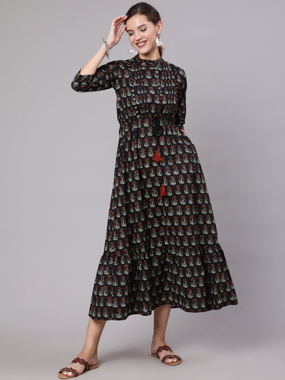 Women Black Printed Dress With Three Quarter Sleeves | LASVINI - Redefining Indian Fashion with Elegance