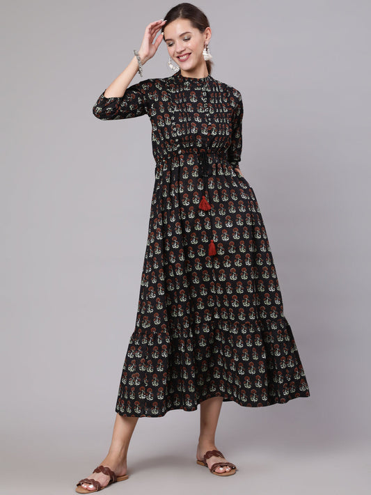 Women Black Printed Dress With Three Quarter Sleeves | LASVINI - Redefining Indian Fashion with Elegance