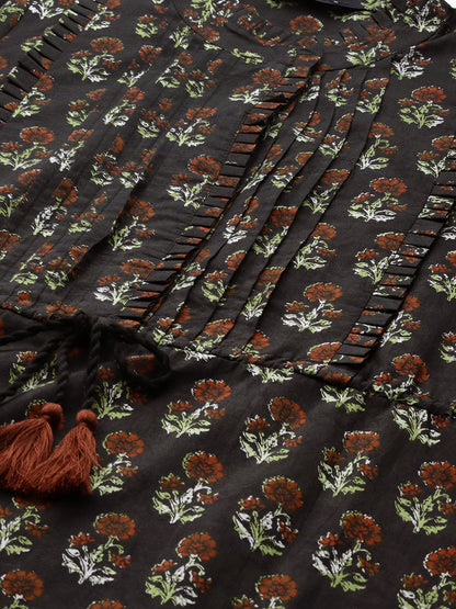 Women Black Printed Dress With Three Quarter Sleeves | LASVINI - Redefining Indian Fashion with Elegance