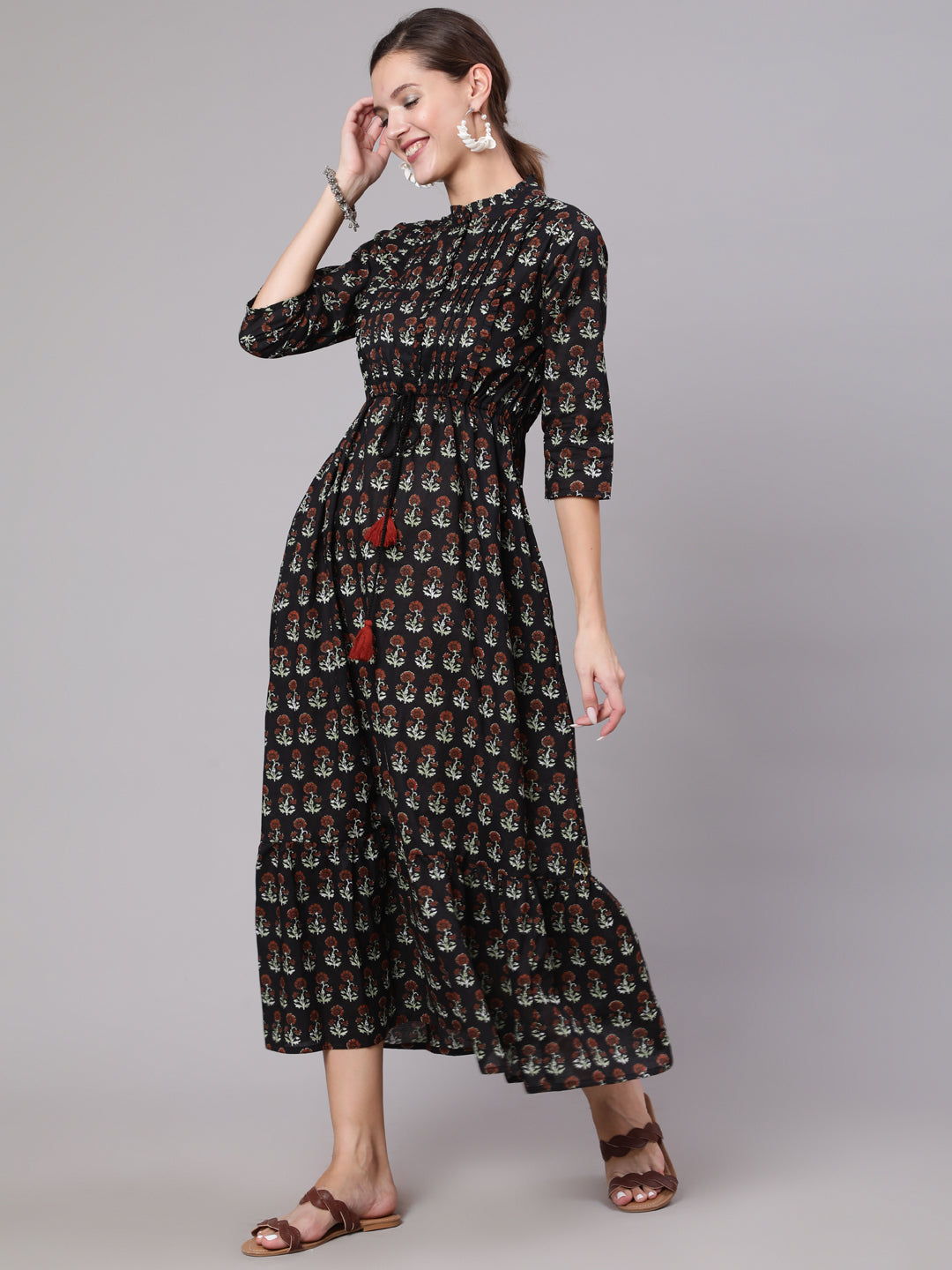 Women Black Printed Dress With Three Quarter Sleeves | LASVINI - Redefining Indian Fashion with Elegance