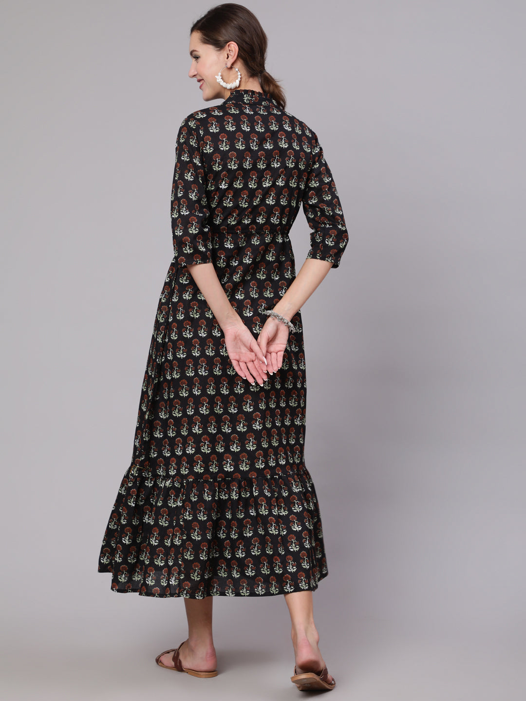 Women Black Printed Dress With Three Quarter Sleeves | LASVINI - Redefining Indian Fashion with Elegance
