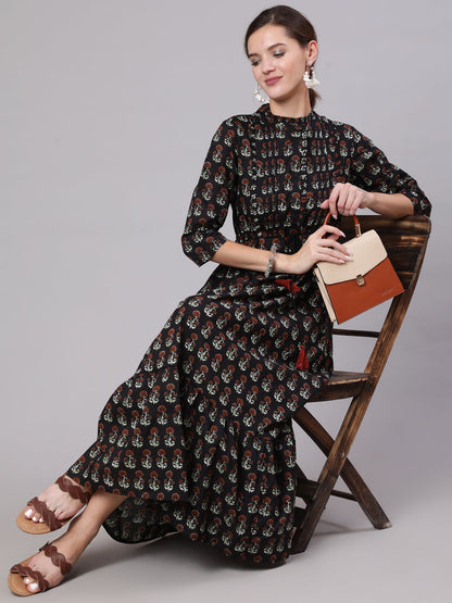 Women Black Printed Dress With Three Quarter Sleeves | LASVINI - Redefining Indian Fashion with Elegance