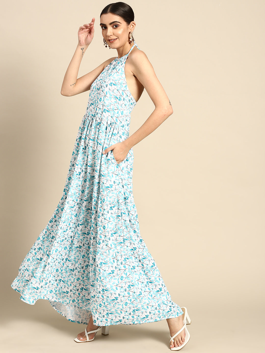 Women Off White & Green Halter Dress | LASVINI - Redefining Indian Fashion with Elegance