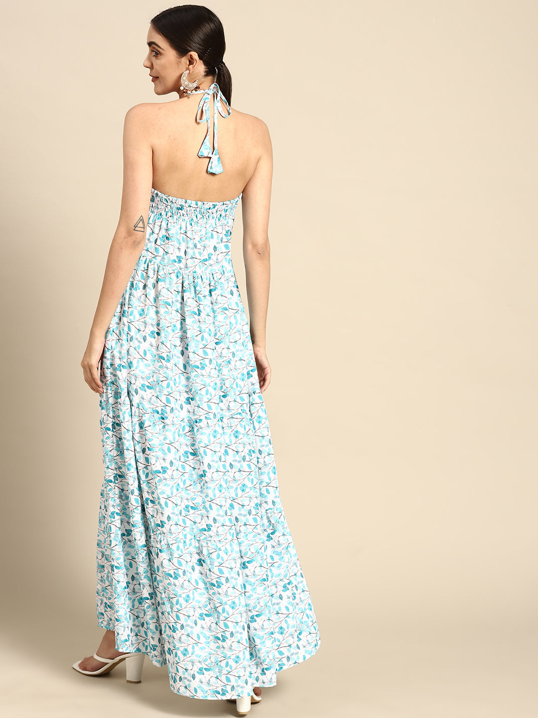 Women Off White & Green Halter Dress | LASVINI - Redefining Indian Fashion with Elegance