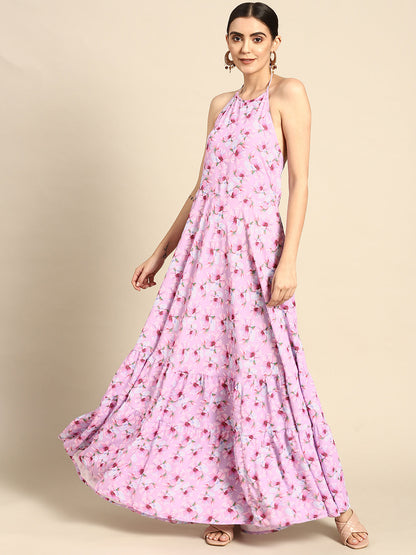 Women Pink Floral Printed Halter Dress | LASVINI - Redefining Indian Fashion with Elegance