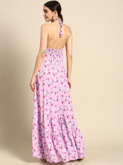 Women Pink Floral Printed Halter Dress | LASVINI - Redefining Indian Fashion with Elegance