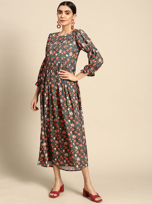 Women Black Floral Printed Dress With Three Quarter Sleeves | LASVINI - Redefining Indian Fashion with Elegance